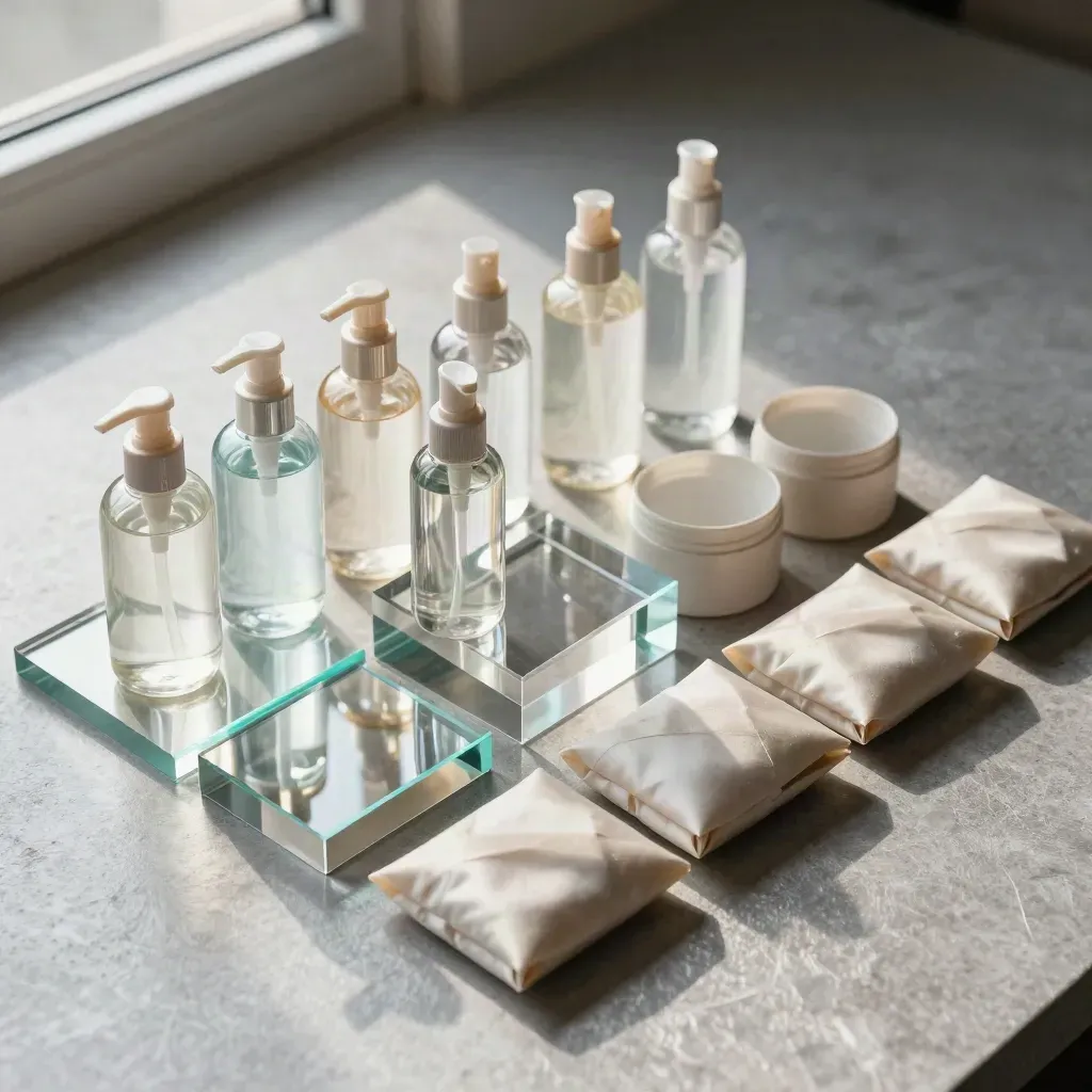 Beauty product bottles and sample pots on stone with soft window light