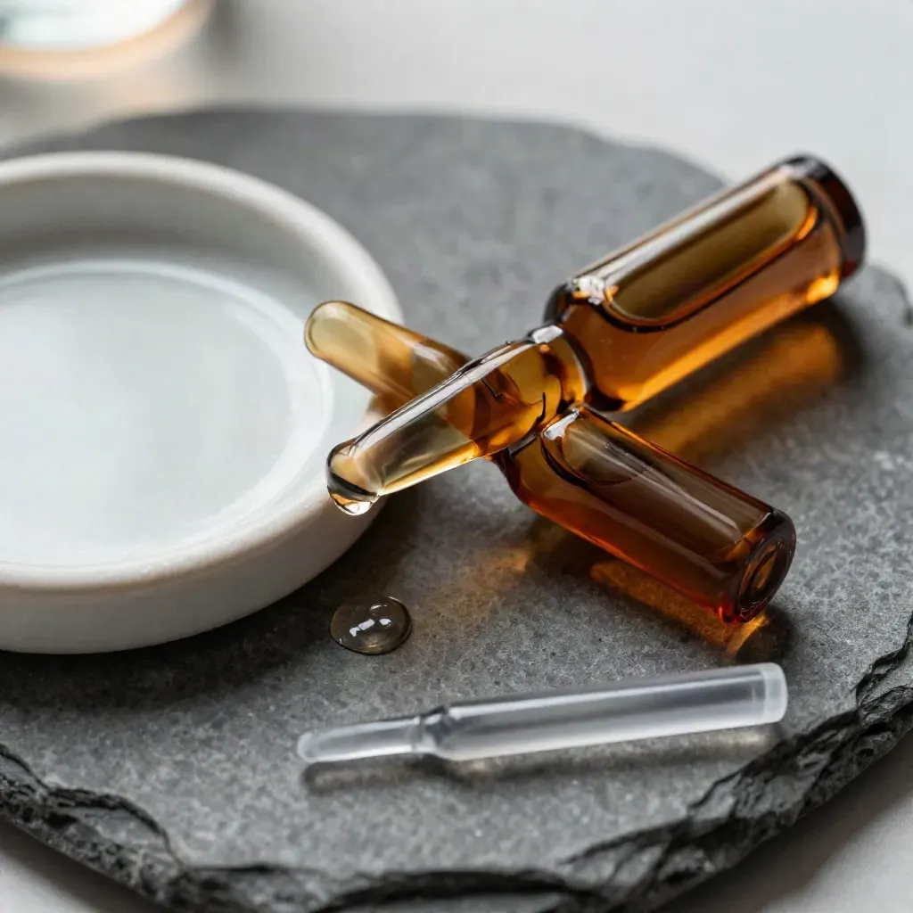 Amber ampoules, ceramic dish, and pipette tips in a skincare lab flat lay.