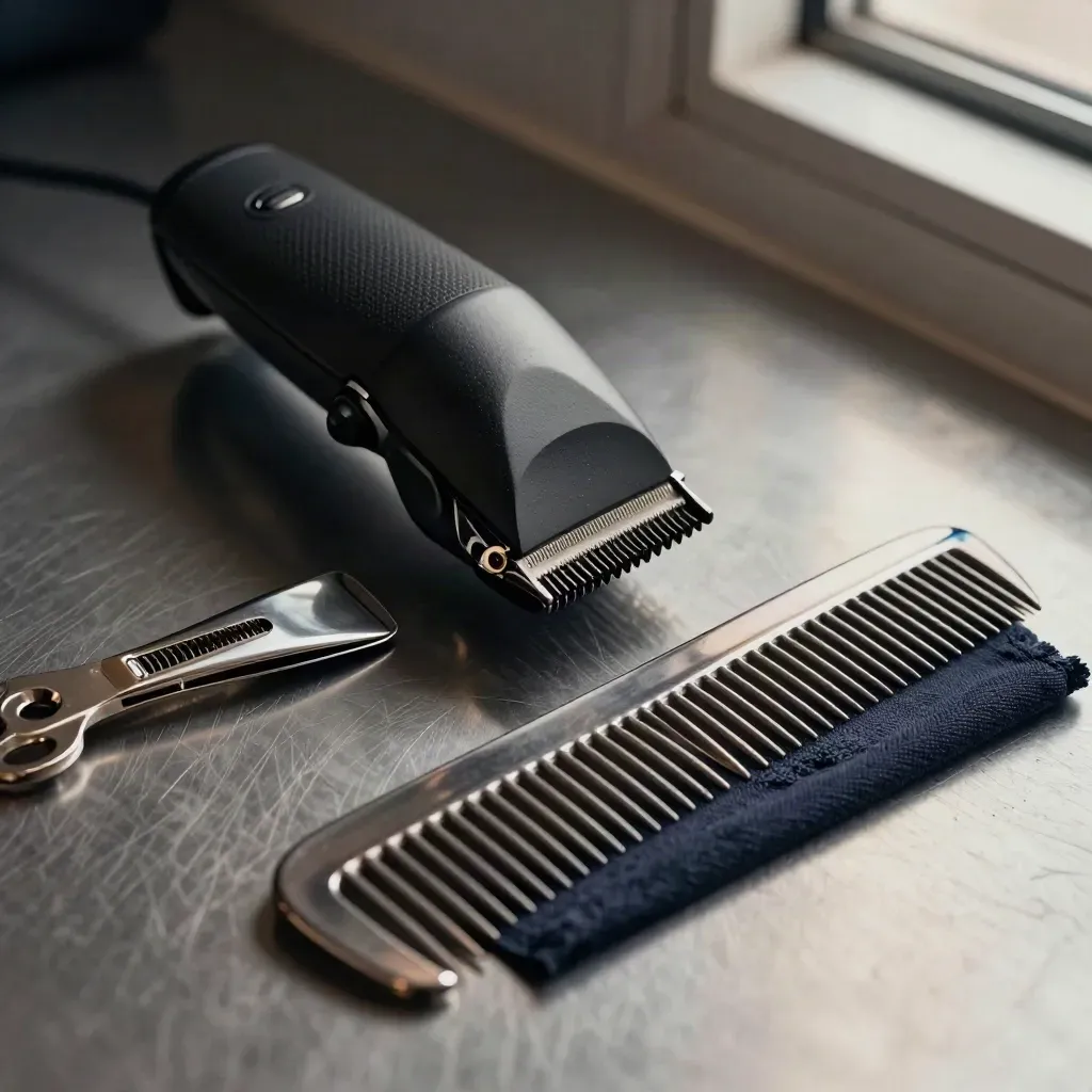 Salon tools fanned on brushed steel with dramatic hard light and soft haze.