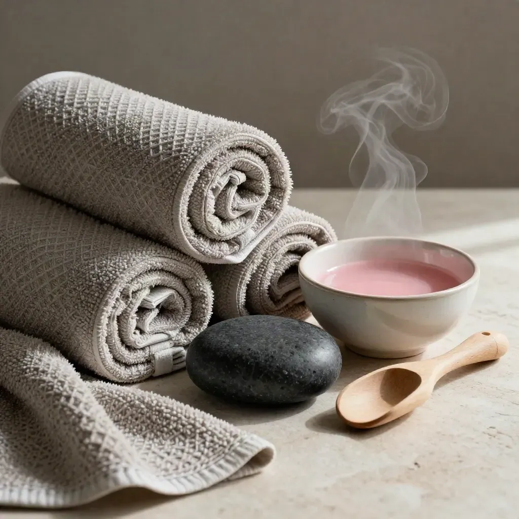 Rolled spa towels, basalt stone, ceramic bowl, and wooden scoop in warm steam and soft light.