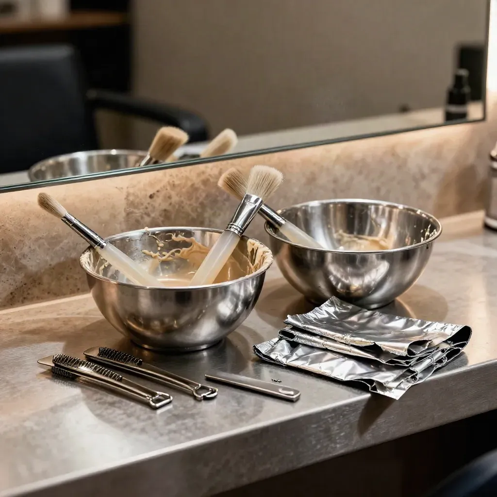 Hair colour station with bowls, tint brushes, clips, and foil on a pewter ledge in misty light.