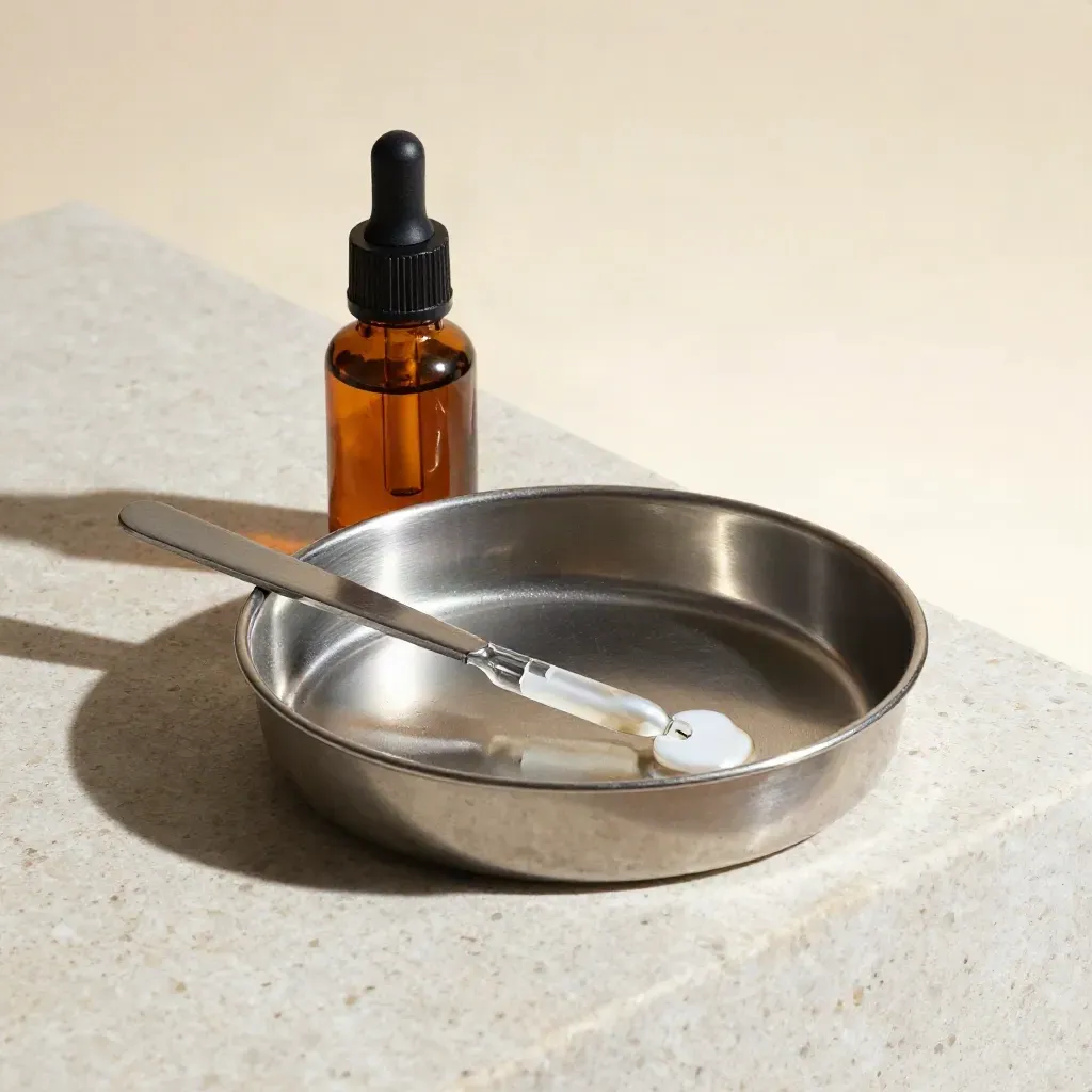 Amber dropper bottle, steel dish, ampoule, and spatula on travertine, top-down.