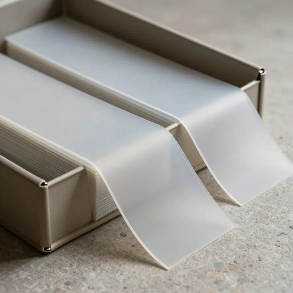 Frosted archive sleeves sliding from a rigid case on stone, lit dramatically.