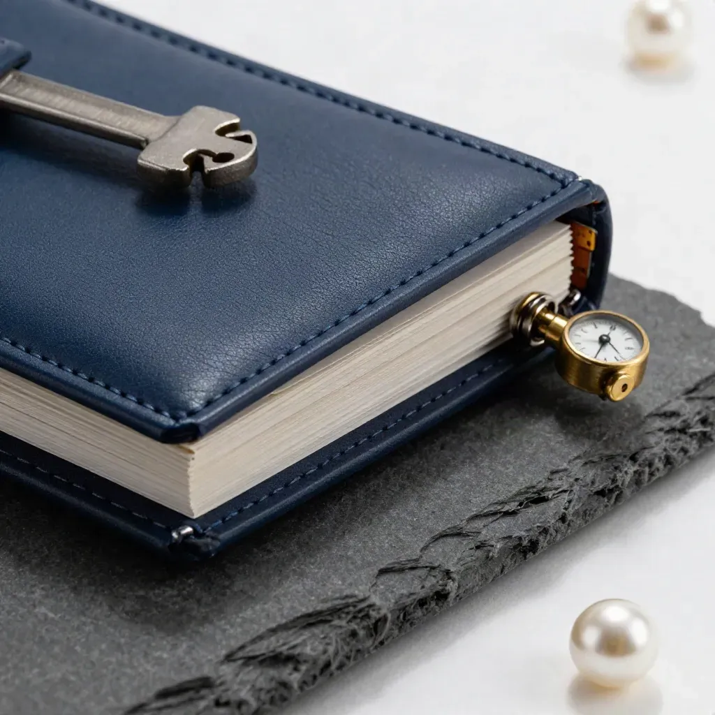 Closed navy ring planner, three blank markers and a brass timer on charcoal stone.