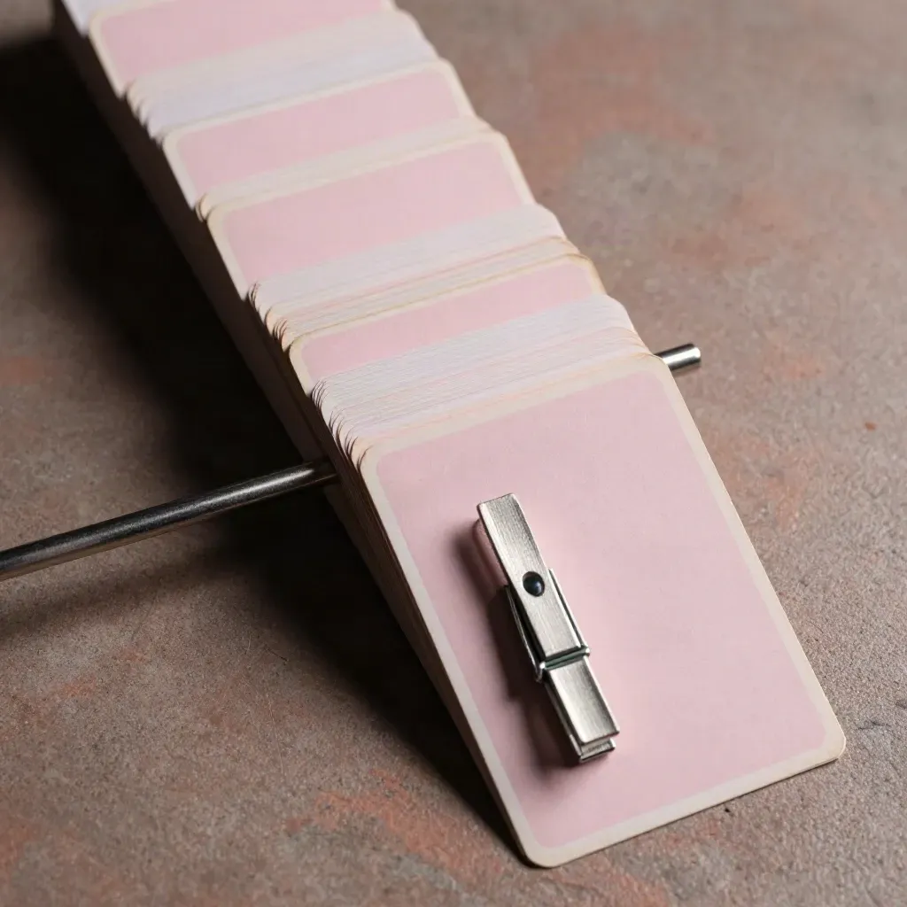Spring clips, face-down proof cards and a brushed binder bar in a tense macro review scene.