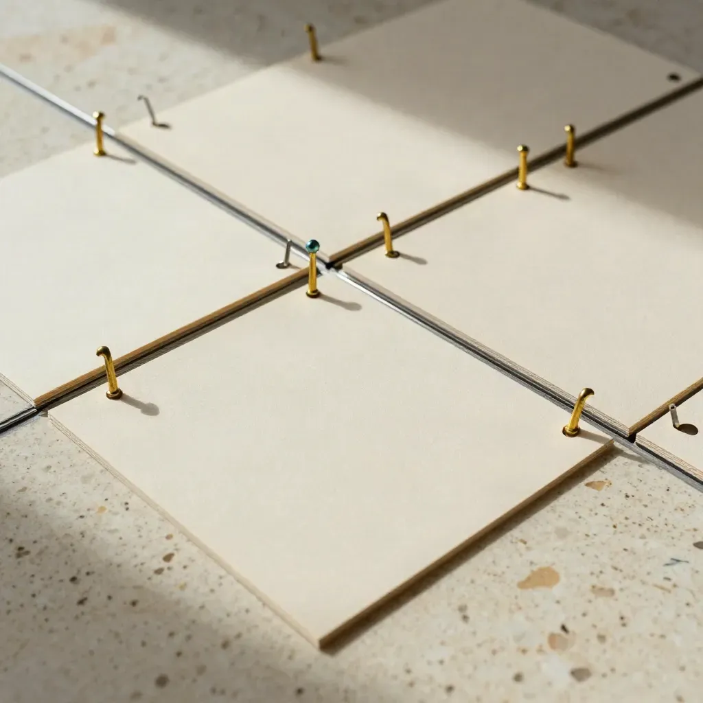 Top-down cream planning cards pinned by brass rails on pale stone, lit by soft daylight