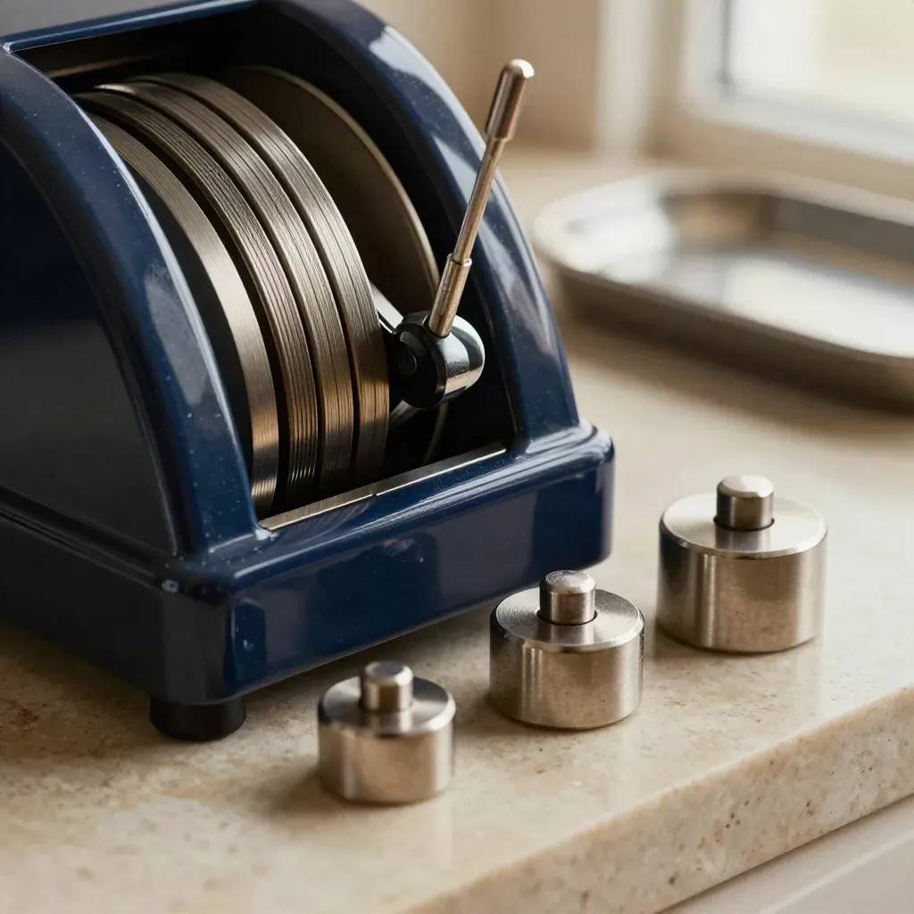 Macro still life of a tally counter, calibration disks, and metal weights on warm limestone.
