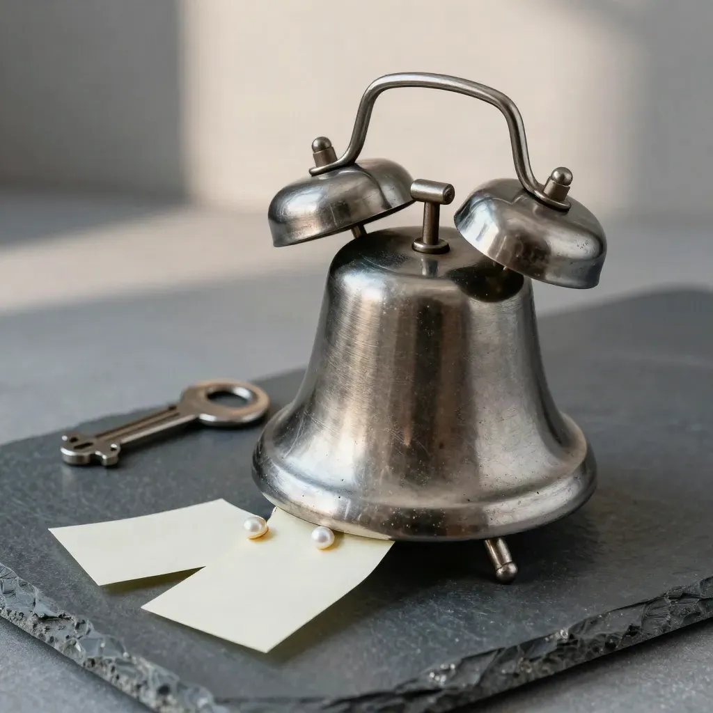 Vintage alarm bell, spring timer and page flags on graphite stone, low dramatic close-up