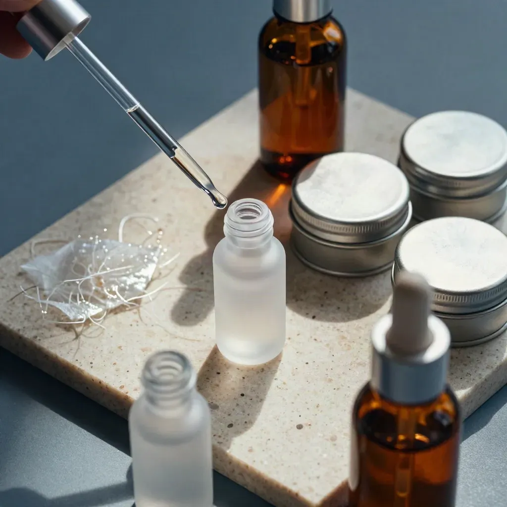 Top-down macro of amber serum bottles, frosted vials, pipette and sample tins on cool travertine.
