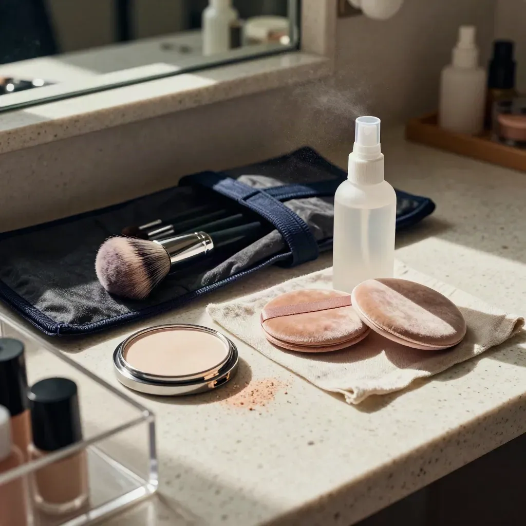 Beauty creator kit with brush roll, compact mirror, puff and setting spray on a travertine vanity.
