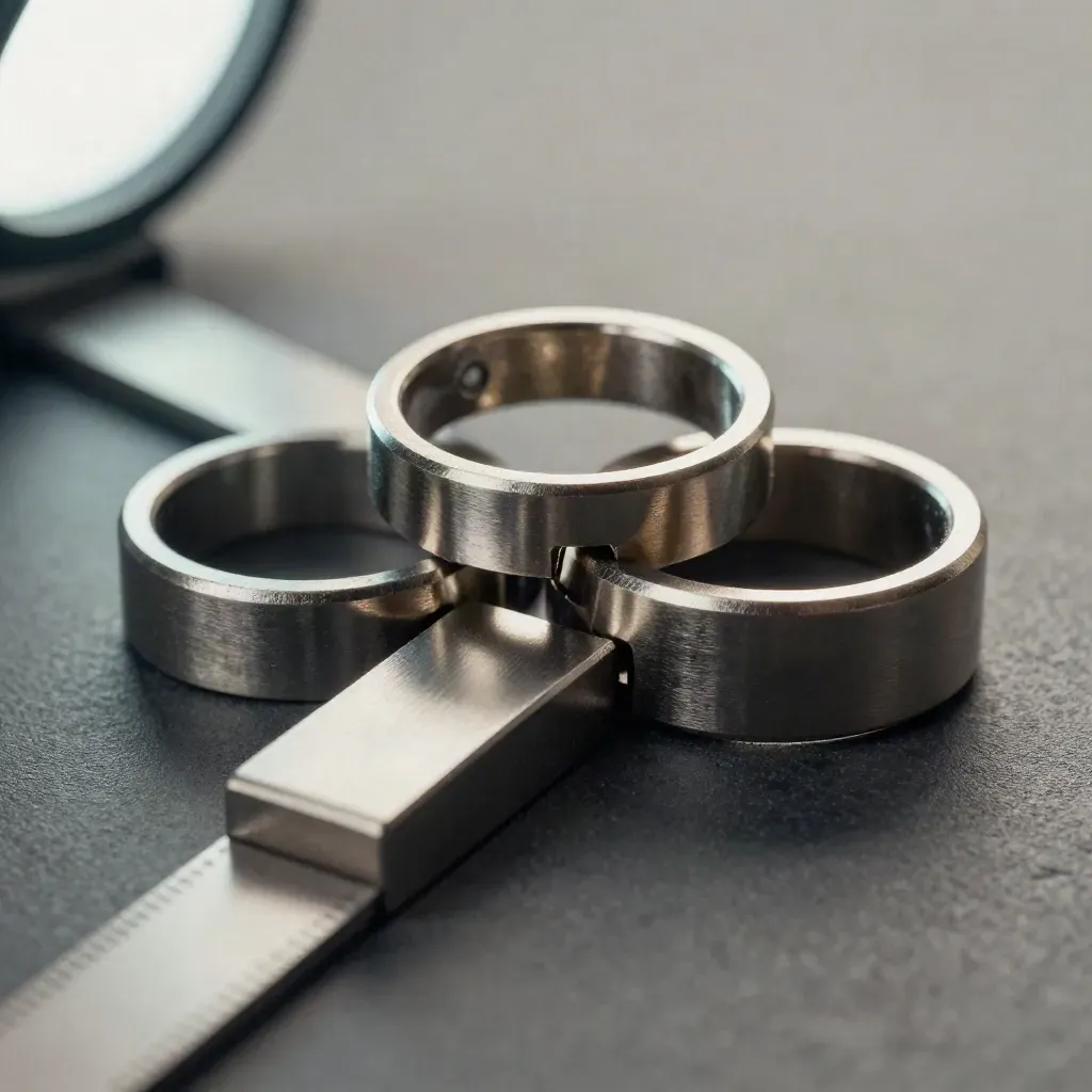 Macro of linked metal rings, aluminum bridge, and modular block on graphite.