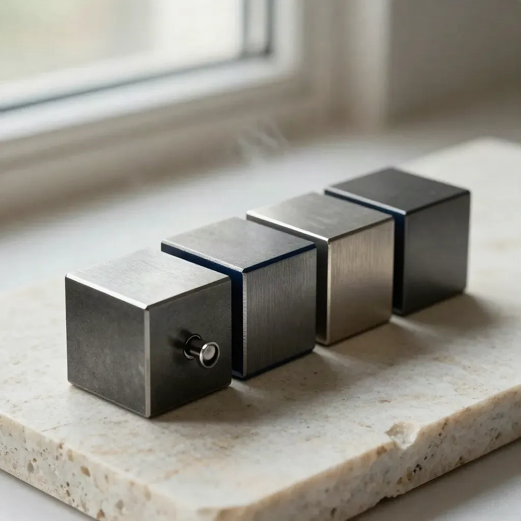 Graphite modular cubes with a linking pin on pale stone, lit from upper left.