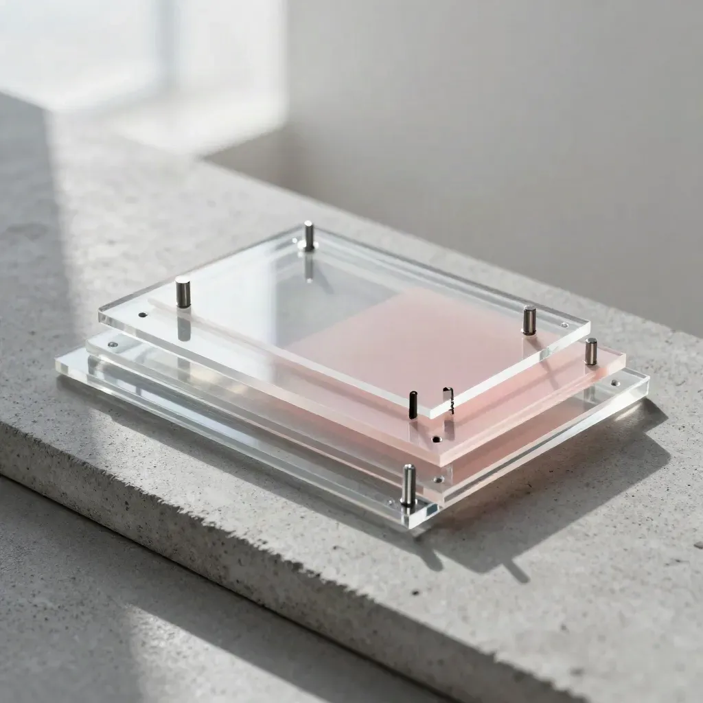 Acrylic plates, alignment pins and spacer sheets on concrete with soft blush tint and haze.