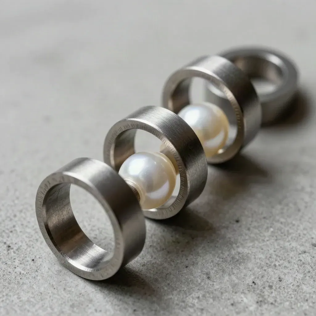 Graphite metal brackets, split rings, and a pearl connector line on concrete, lit from upper left.