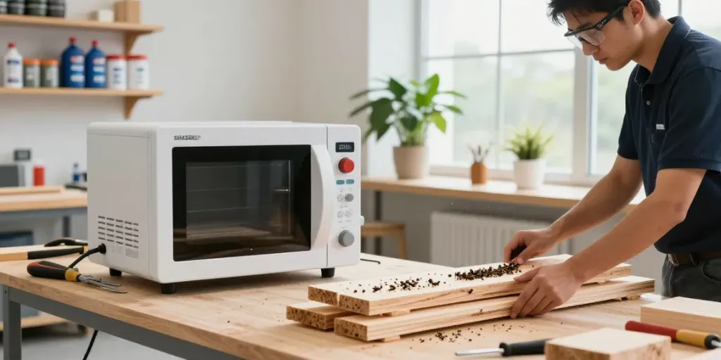 SHASHEL® microwave equipment treating wood to eliminate wood-boring insects in a professional workshop.